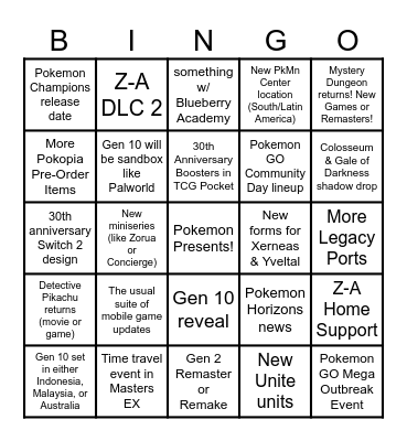 Pokemon Presents Bingo Card