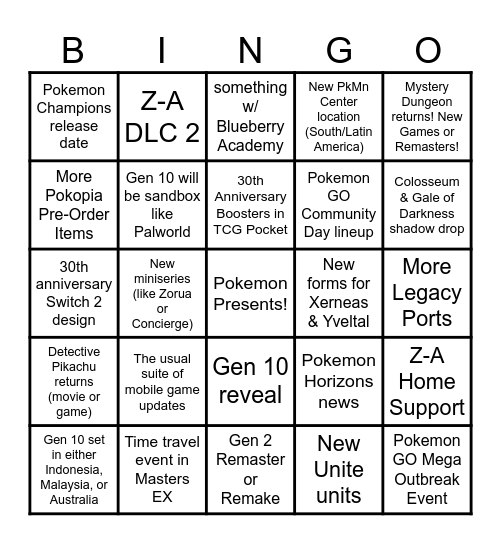 Pokemon Presents Bingo Card