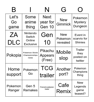 Pokemon Direct Bingo Card