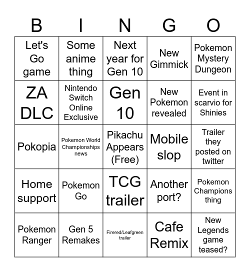 Pokemon Direct Bingo Card