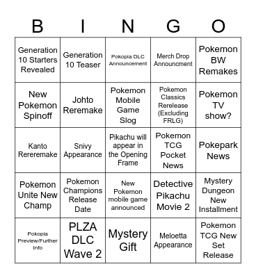 Pokemon Presents 2026 Bingo Card