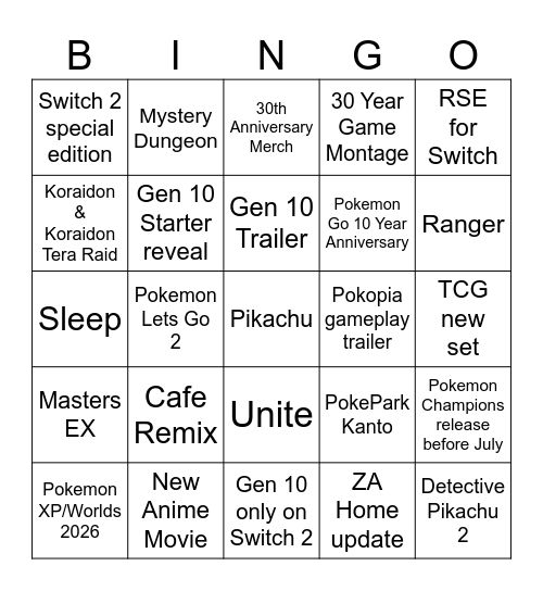 Pokemon Day Bingo Card