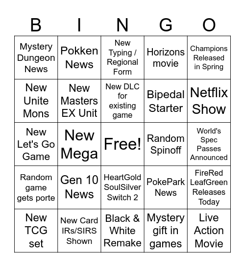 Pokemon Direct Bingo Card