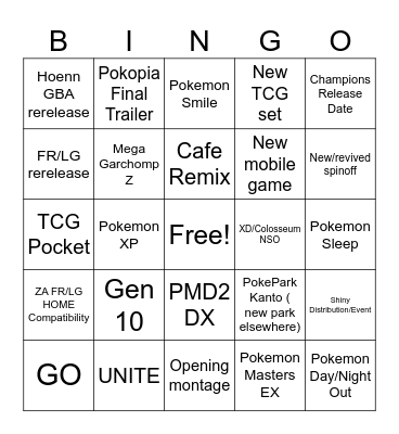Pokemon Presents Bingo Card