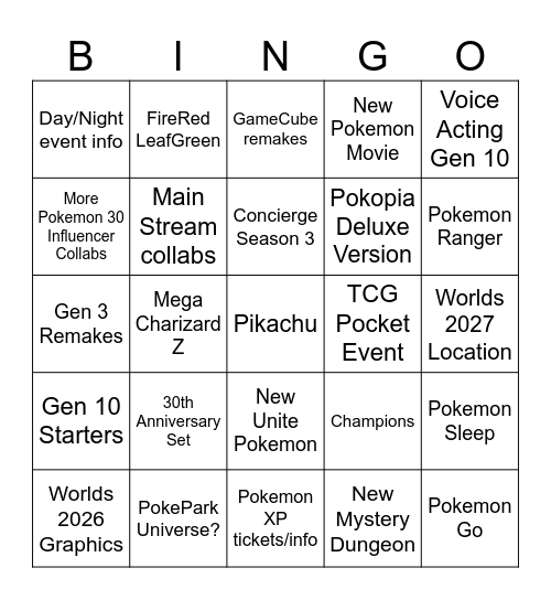 Pokemon Day Bingo Card