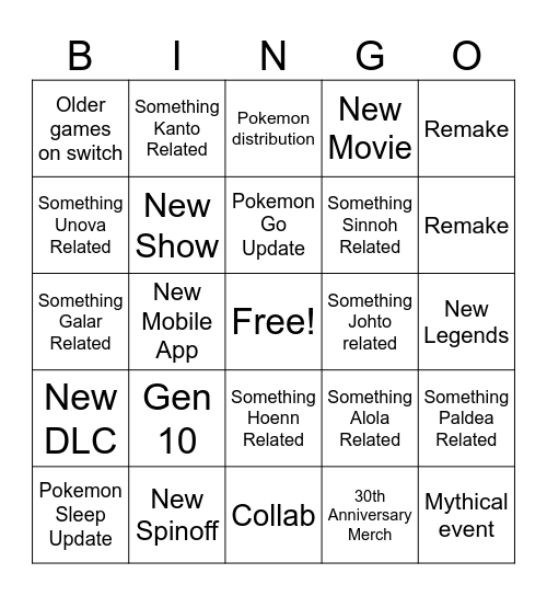 Pokemon Day Bingo Card