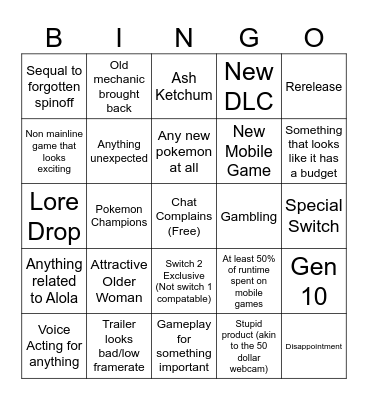 Pokemon Presents Bingo Card