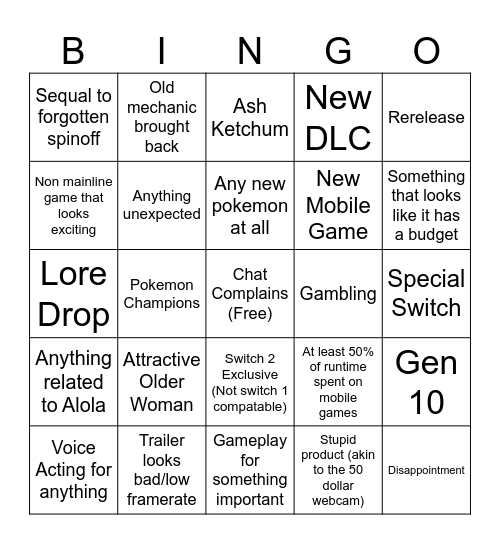 Pokemon Presents Bingo Card