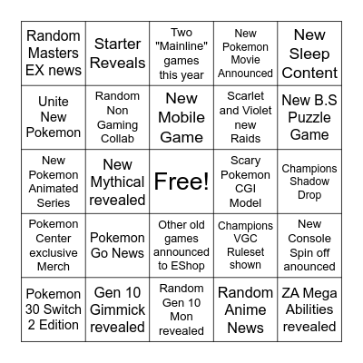 Pokemon Bingo Card
