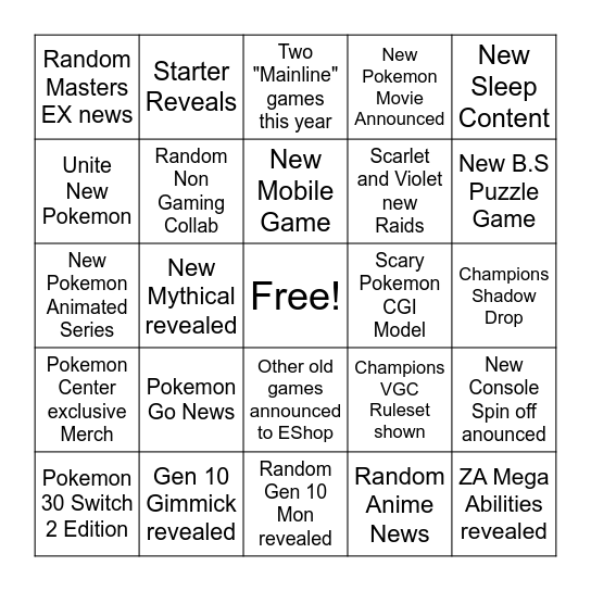 Pokemon Bingo Card