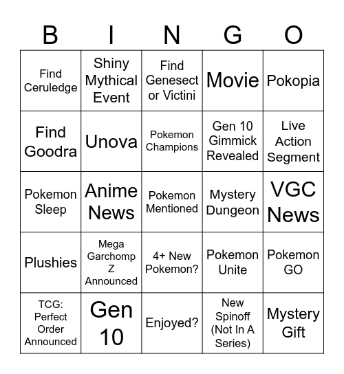 Pokemon Presents Bingo Card