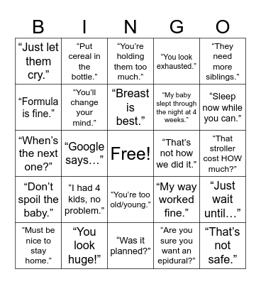 Baby Shower Bingo Card