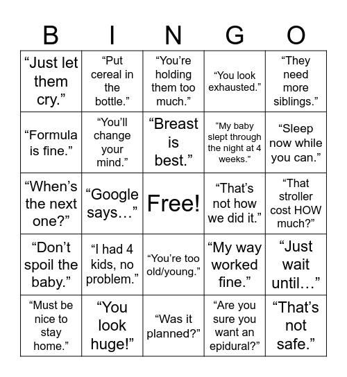 Baby Shower Bingo Card