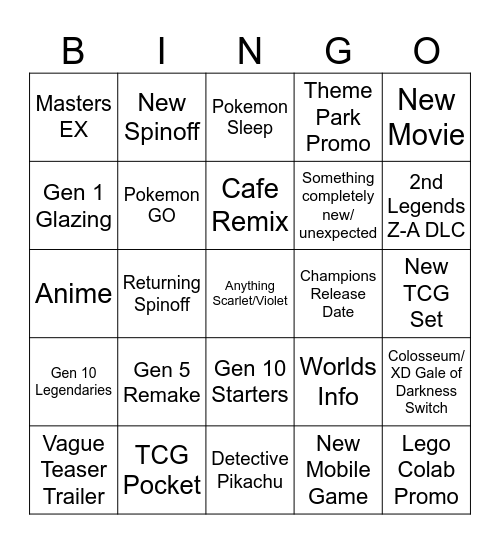 Pokemon Presents Bingo Card