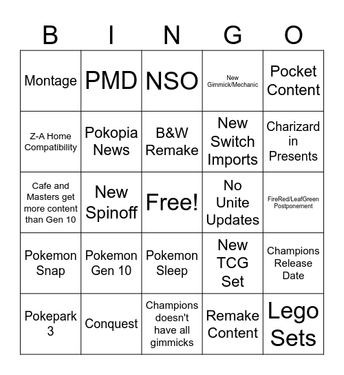 Pokemon Presents Bingo Card