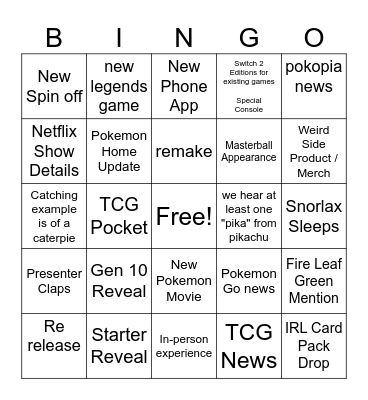 Pokemon Direct Bingo Card