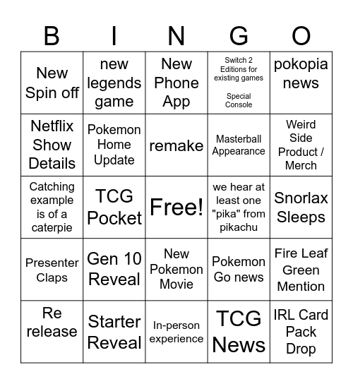 Pokemon Direct Bingo Card