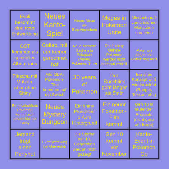 Pokémon Presents 30. Jubiläum Bingo Card