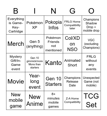 Pokémon Presents 2026 Bingo Card