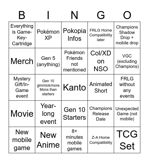 Pokémon Presents 2026 Bingo Card
