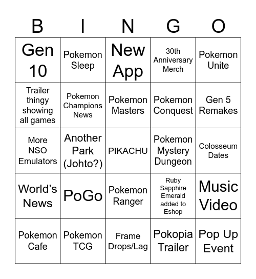 Pokemon Direct Bingo Card