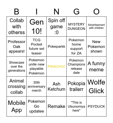 30 Pokemon Bingo Card