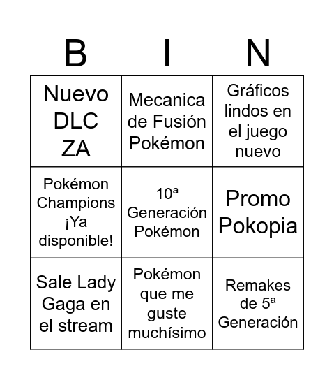 Pokemon Presents Bingo Card