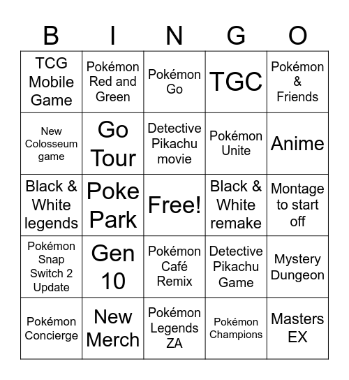 Pokemon Presents Bingo Card