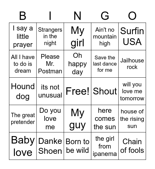 50/60's Bingo Card