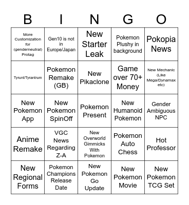 Pokemon Presents Bingo Card