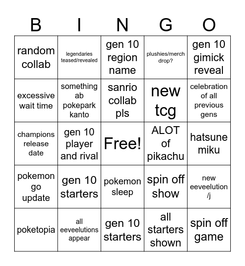 pokemon presents ! Bingo Card