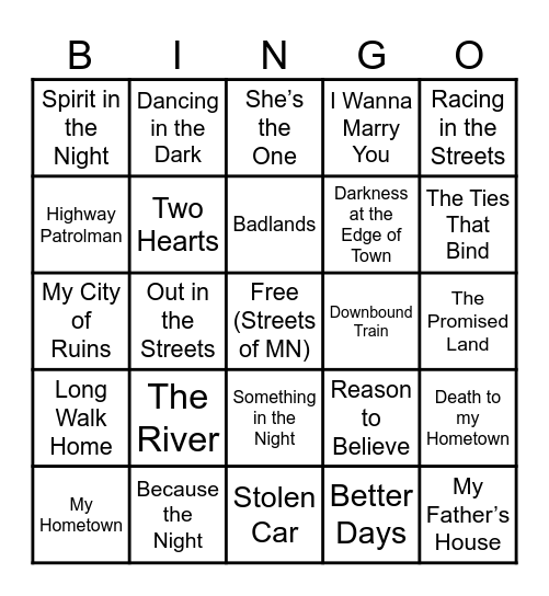 Bruce Springsteen Bingo Card