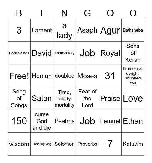 Job, Psalms, Proverbs, Ecclesiastes, Song of Songs Bingo Card