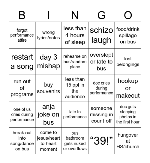 (bigger) choir tour bingo Card