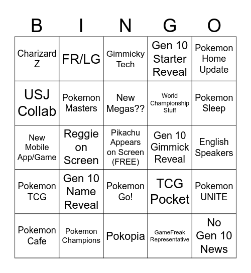 Pokemon Direct Bingo Card