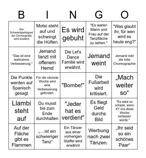 Lets Dance 2026 Bingo Card