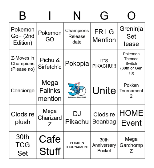 Pokemon 30th Anniversary Bingo Card