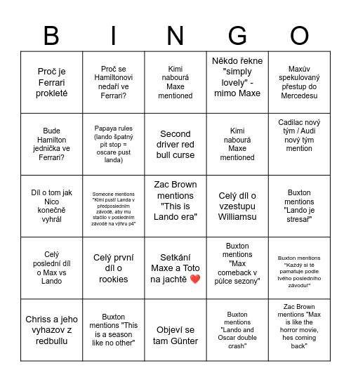 F1 Drive to Survive Bingo Card