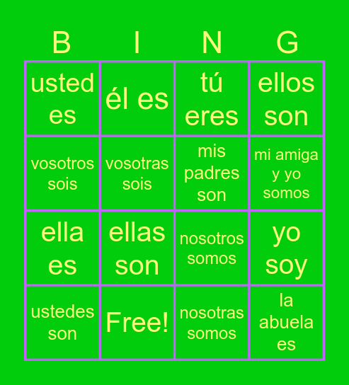 Pronouns and Ser Bingo Card