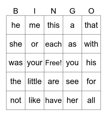 Sight Words Bingo Card