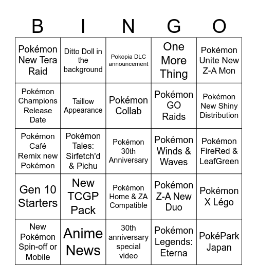 Pokémon 30th Anniversary Bingo Card