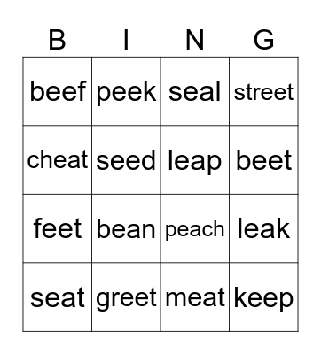 Long e: ee, ea Bingo Card