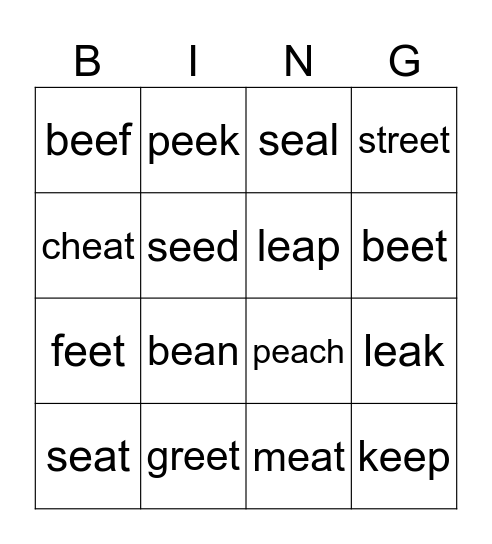 Long e: ee, ea Bingo Card