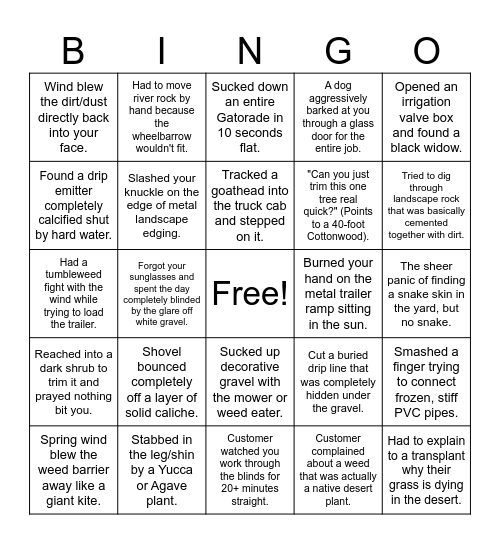 Landscaping Bingo Card