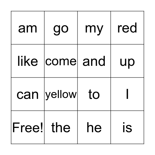 Sight Words Bingo Card