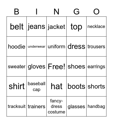 Clothing and accessories Bingo Card