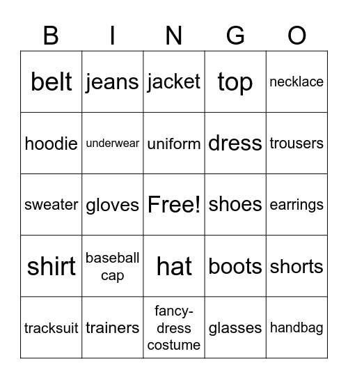 Clothing and accessories Bingo Card