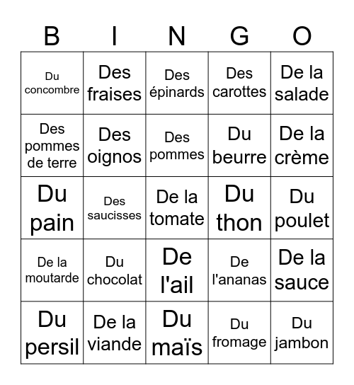 De la nourriture Bingo Card