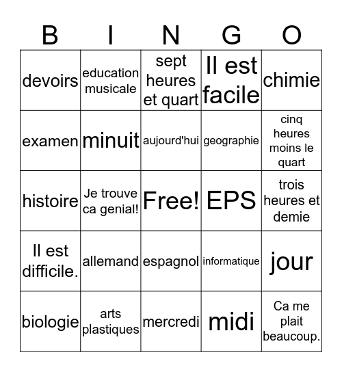 French I Chapitre 4 Vocabulaire 1 Bingo Card