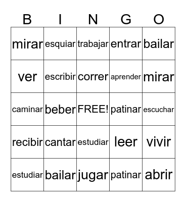 AR Verbs  Bingo Card